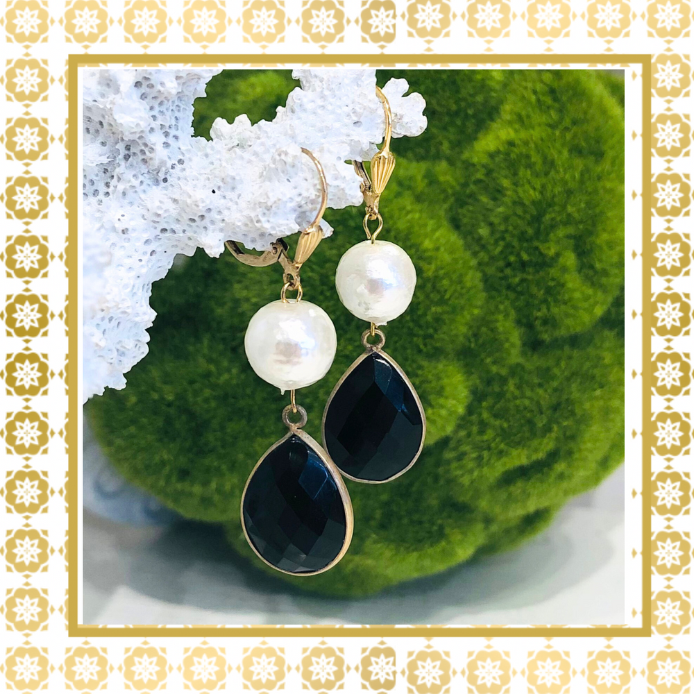 Teramasu Pearl and Black Onyx Tear Drop Earrings Gold Filled