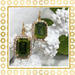 Teramasu Olive Green Square Crystal with Rhinestones Lever Back Gold Drop Earrings