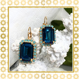 Teramasu Deep Blue Square Crystal & Turquoise Gold Plated Lever Back Drop Earrings
