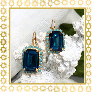 Teramasu Deep Blue Square Crystal with Turquoise Lever Back Gold Drop Earrings