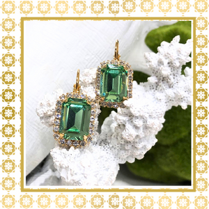 Teramasu Green Square Crystal with Clear crystal Rhinestones Leverback Gold Drop Earrings