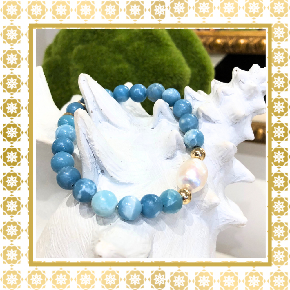 Luxury Baroque Pearl Gratitude Bracelet 14K Gold Filled in Sky Blue Larimar Quartz Peace  Love  Enlightenment