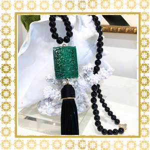 Unique Black Onyx Long Necklace With Hand Carved Green Jade Tassel Pendant