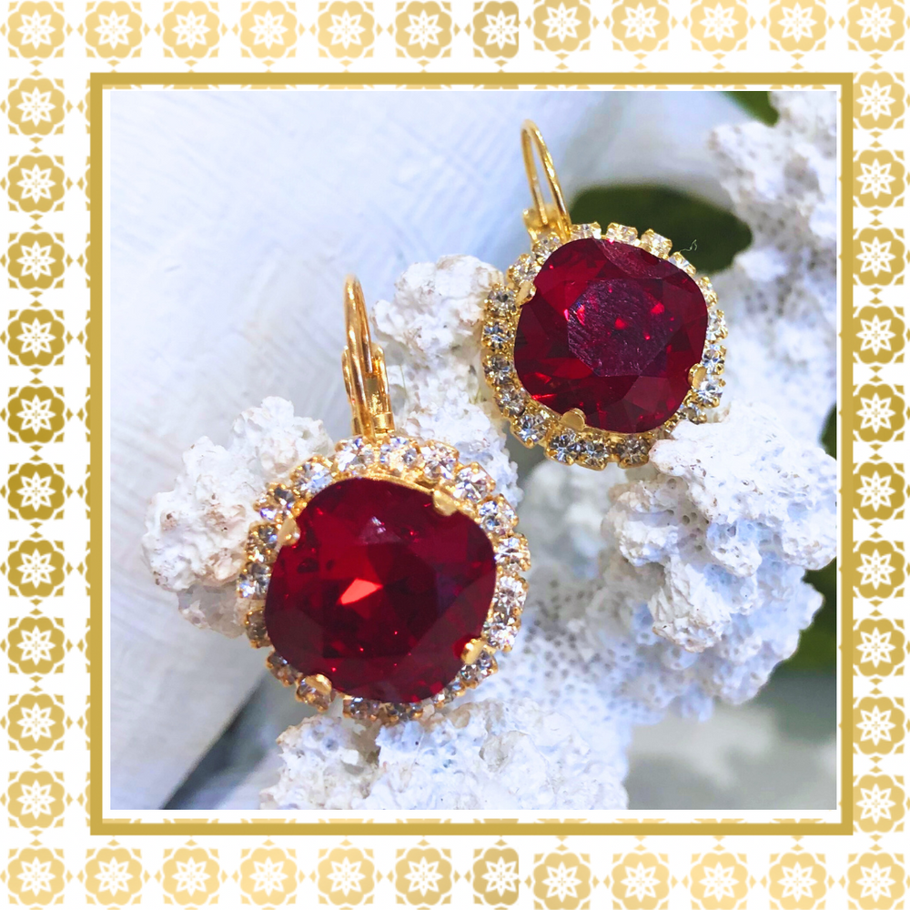 Teramasu Red Crystal Round With CZ crystals Lever Back Gold Plated Drop Earrings