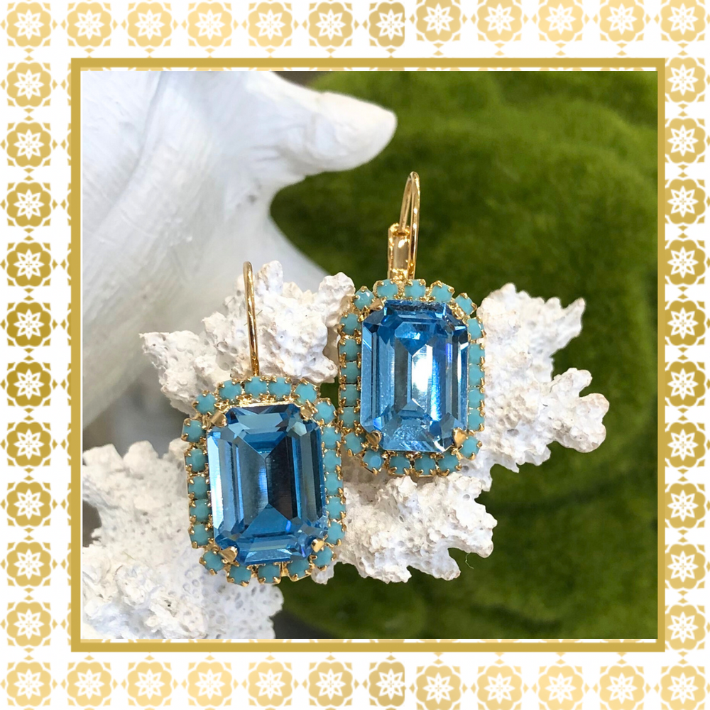 Teramasu Aqua Blue Crystal Turquoise Lever Back Gold Plated Earrings