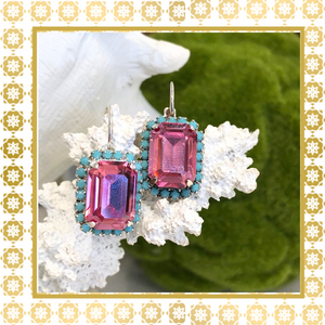 Teramasu Pink Crystal Turquoise Lever Back Sterling Silver Earrings