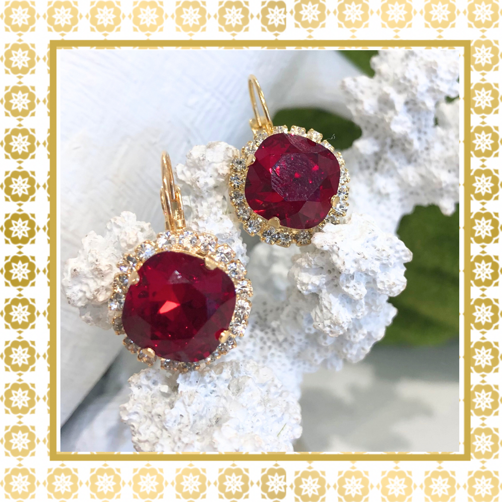 Teramasu Red Crystal Round With CZ crystals Lever Back Gold Plated Drop Earrings