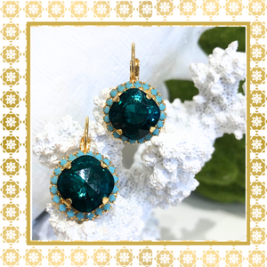 Teramasu Handmade Round Deep Green Crystal Turquoise Lever Back Gold Plated Earrings