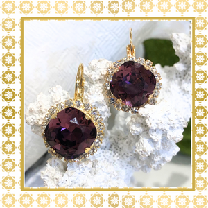 Teramasu  Round Purple Amethyst Crystal With CZ Crystals Lever Back Gold Plated Earrings