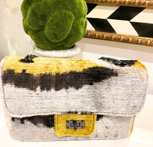 Teramasu One of a Kind Yellow Grey Brown  Geometric Handmade Silk Tapestry Purse