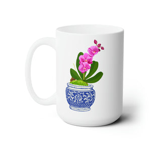 Pink Orchid in Blue & White Chinoiserie Vase Designer Coffee Mug, 15oz