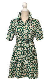 Green And Cream Short Sleeve Button Down Ruffle Dress
