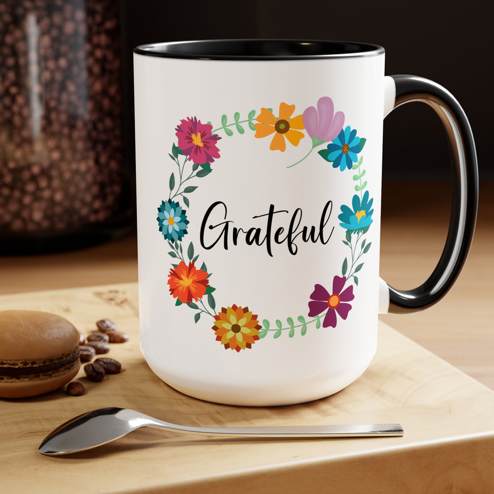 Grateful Floral Designer Two-Tone Coffee Mug, 15oz