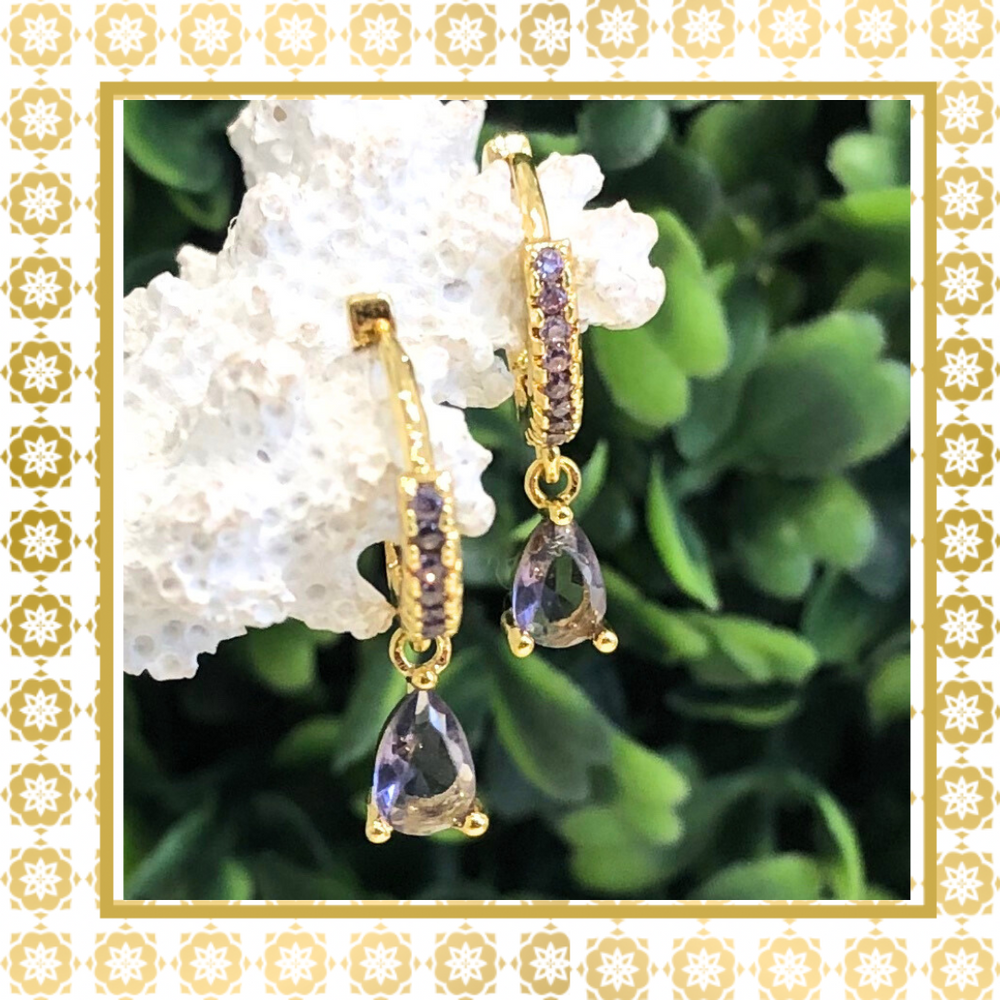 Teramasu CZ Crystal Purple Hoop Sterling Silver Gold Plated Gold Dainty Drop Earrings