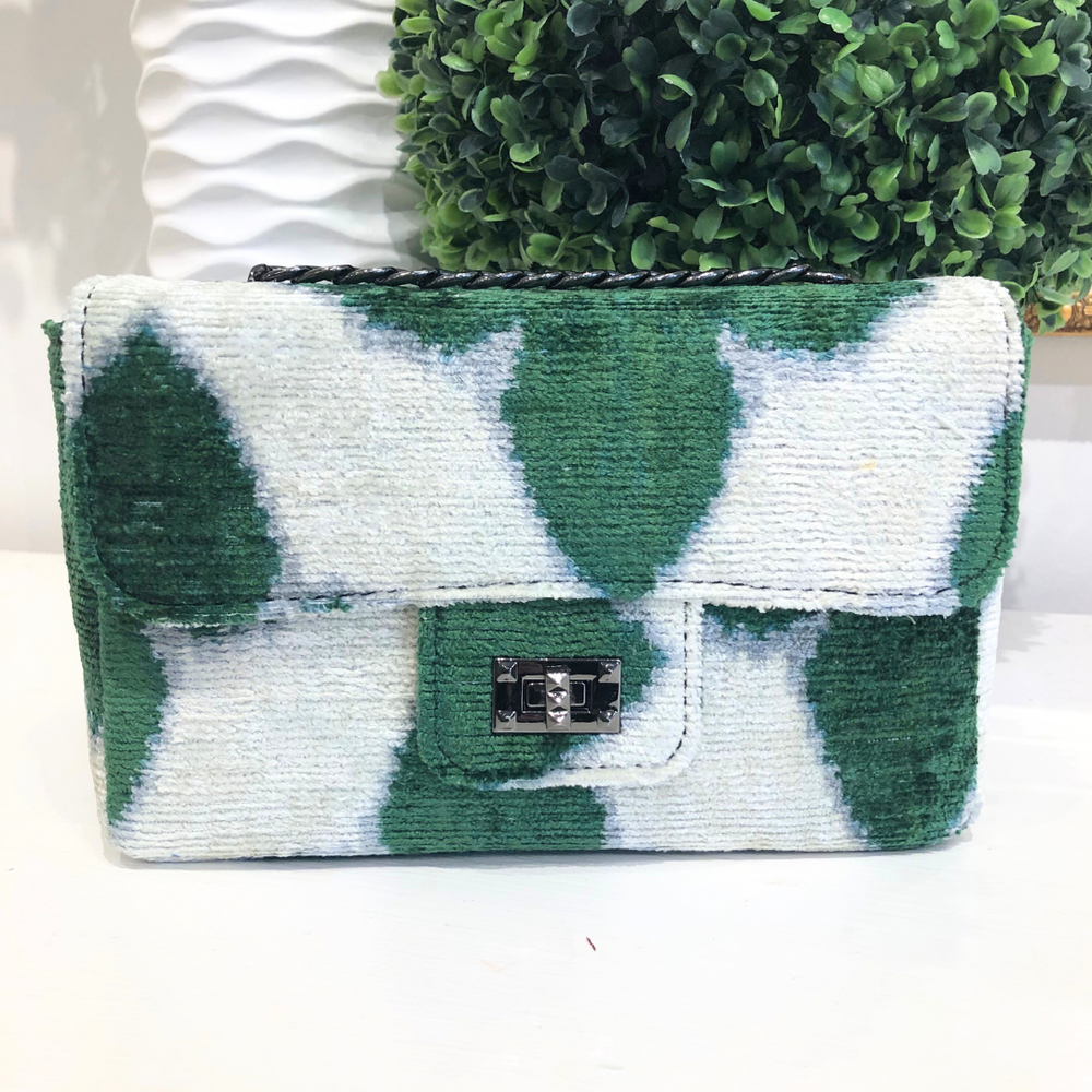 One of a Kind Handmade Green And White Geometric Print Silk Tapestry Purse