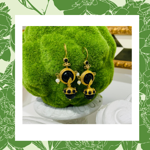 Teramasu Black Onyx Pearl Gold Design Drop Dangle Earrings