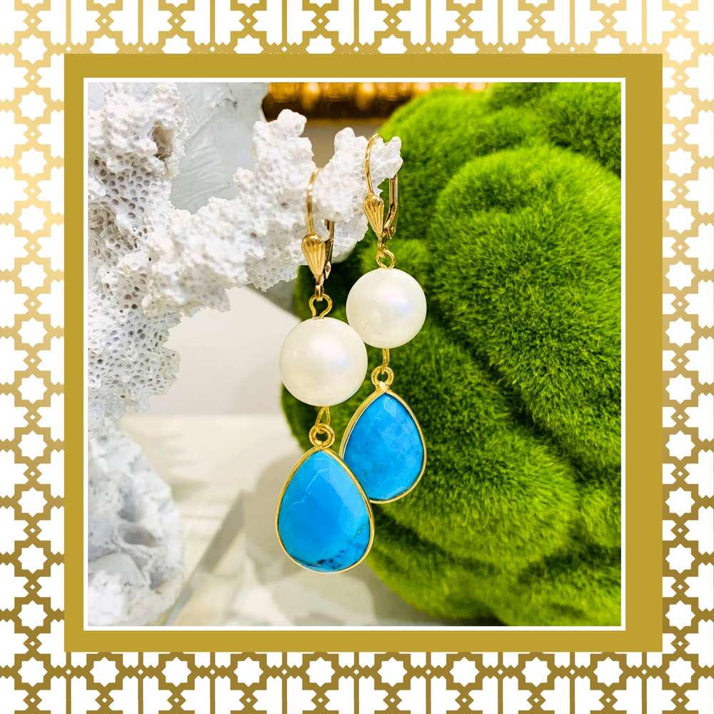 Teramasu Pearl and Turquoise Tear Drop Earrings 14K Gold Filled