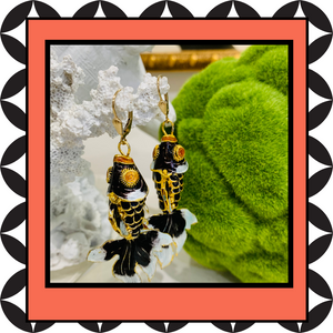 Handmade Koi Fish Black Dangle Earrings