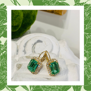 Teramasu Green Square Crystal with Clear crystal Rhinestones Leverback Gold Drop Earrings