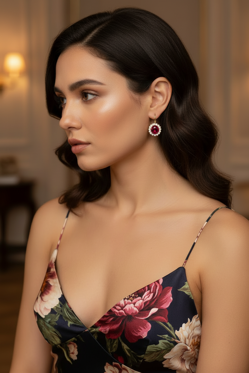 Elegant woman wearing small red crystal CZ  lever back drop earrings — Teramasu handmade jewelry, Pinehurst NC