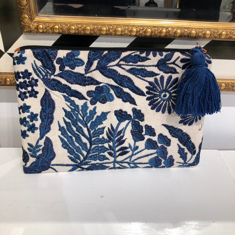 Teramasu One of a Kind Blue And White Handmade Silk Tapestry Clutch