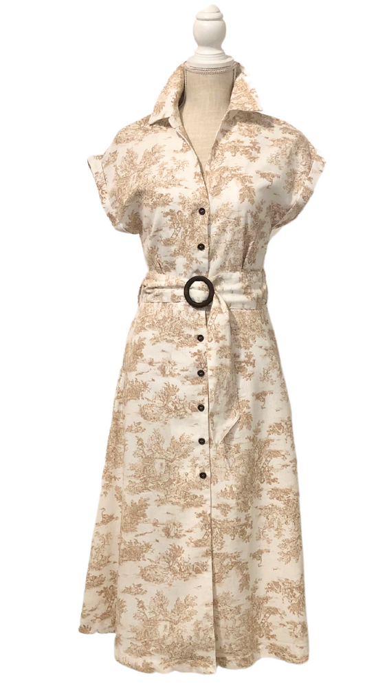 Tan And Cream Nature Print Button Down Belted Midi Dress