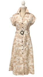 Tan And Cream Nature Print Button Down Belted Midi Dress