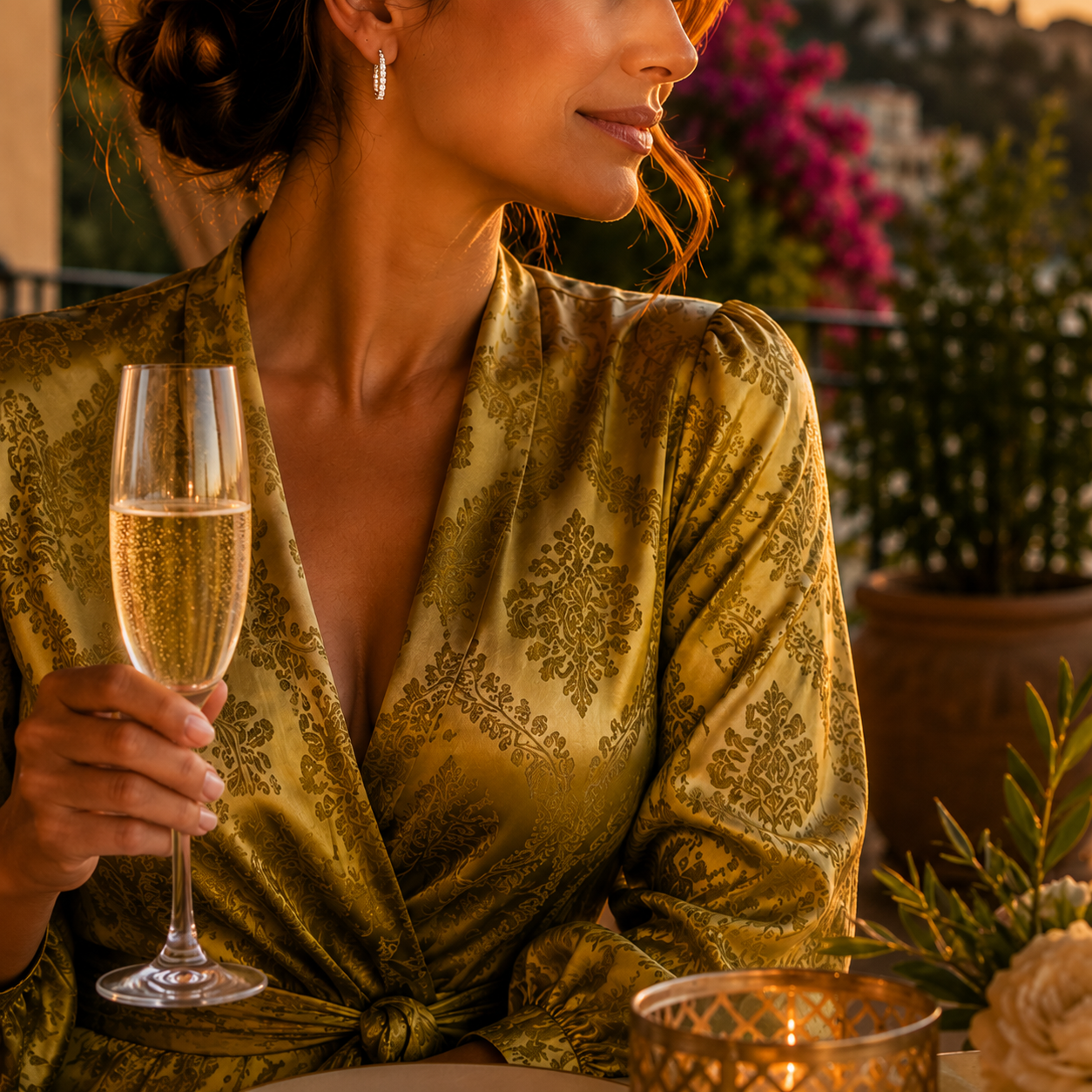 Woman wearing The Signature Travel Hoop Earrings while enjoying champagne at a Mediterranean luxury resort during sunset.