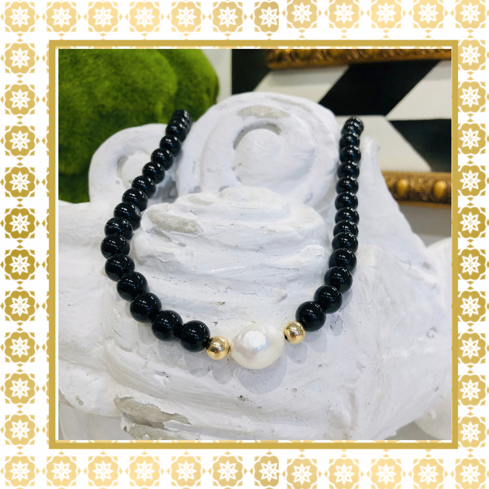 Black Onyx 14K Gold Filled Beads Necklace With Baroque Pearl