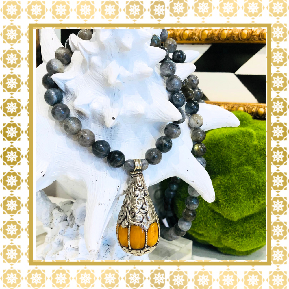 Labradorite Long Necklace with Large Yellow Stone Pendant