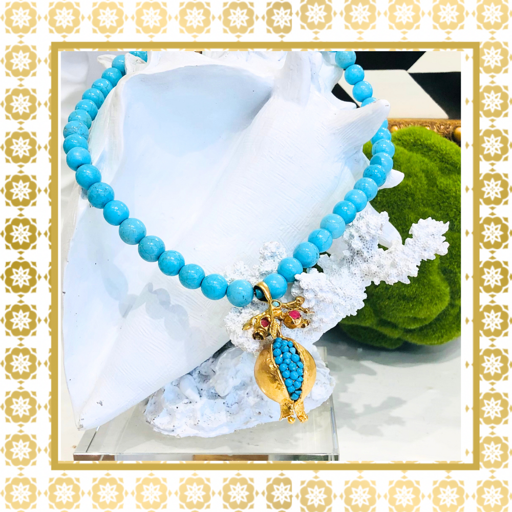 Turquoise Gold Pomegranate Handmade Necklace