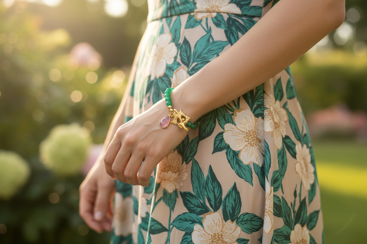 Woman wearing light green agate Pagoda bracelet with pink crystal charm outdoors floral dress — Terrie Moses Design, Pinehurst NC