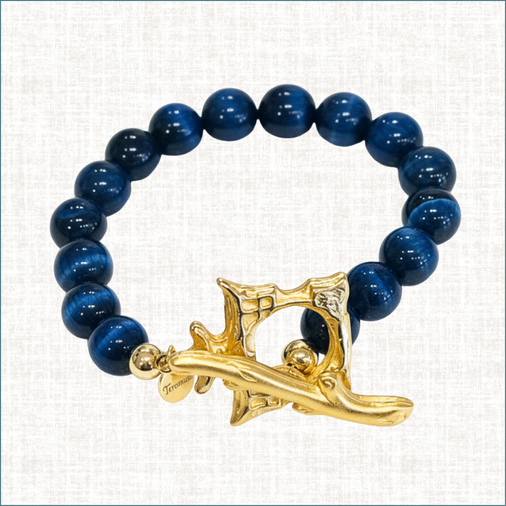 Handcrafted blue tiger's eye Pagoda toggle bracelet — luxury designer jewelry by Teramasu, Pinehurst NC