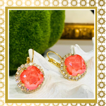Teramasu Coral Color Crystal Round With Clear Crystal Lever Back Gold Drop Earrings