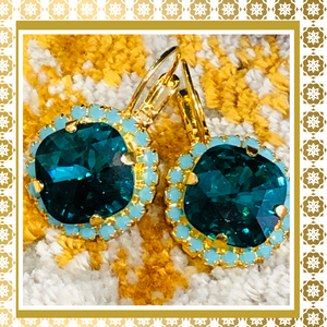 Teramasu Deep Blue Crystal Round Turquoise Lever Back Gold Drop Earrings