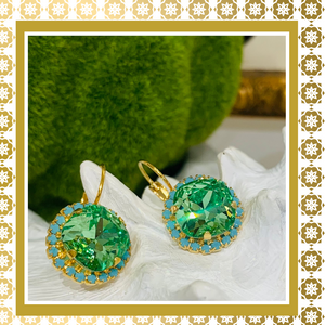 Teramasu Emerald Green  Round Crystal with Turquoise Lever Back Gold Drop Earrings