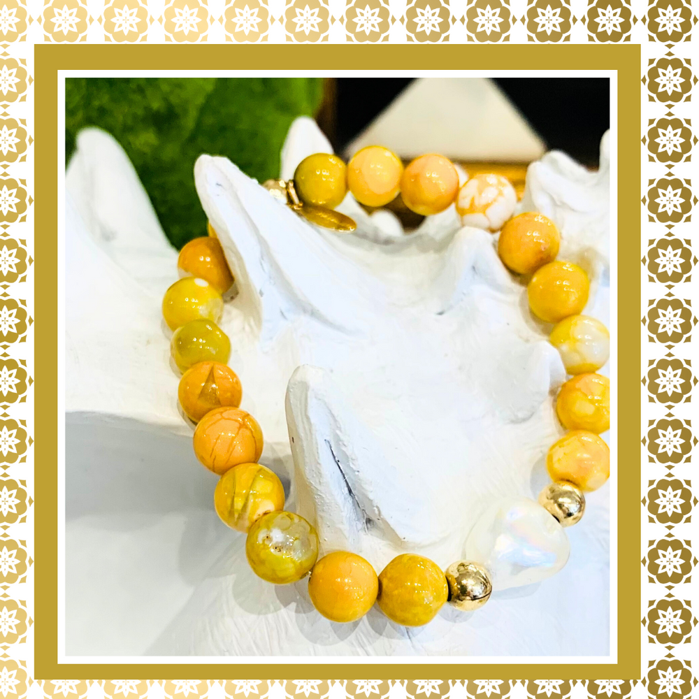 Luxury Baroque Pearl Gratitude Bracelet 14K Gold Filled in Yellow Agate