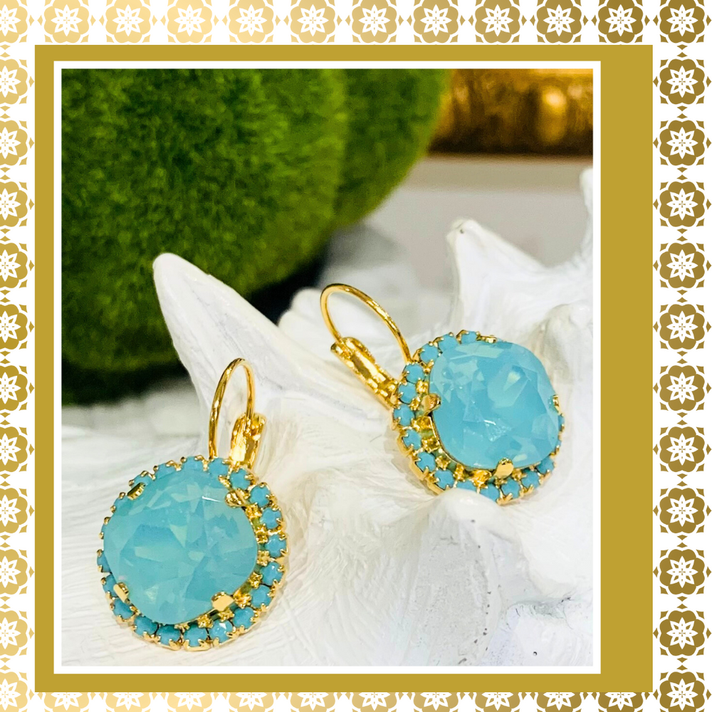Teramasu Pacific Opal Crystal Turquoise Lever Back Gold Plated  Earrings