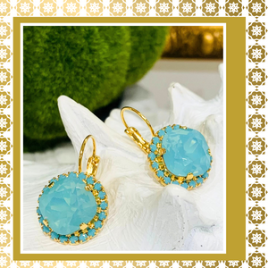 Teramasu Pacific Opal Crystal Turquoise Lever Back Gold Plated  Earrings