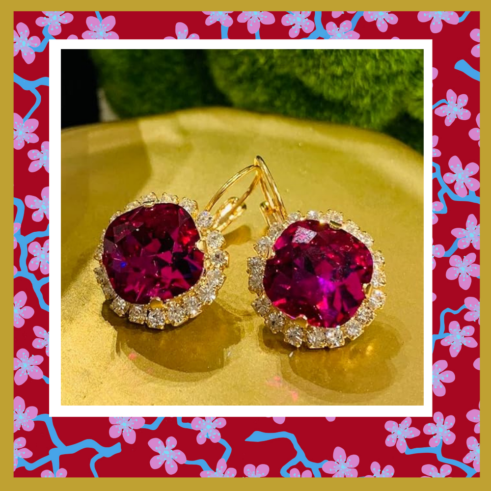 Teramasu Handmade Round Fuchsia Pink Crystal CZ Crystals Gold Plated Lever Back Drop Earrings