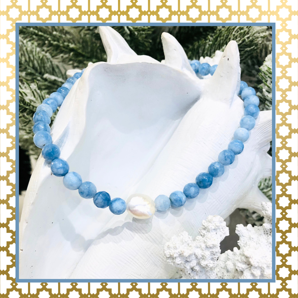 Blue Faceted  Agate Stone Baroque Pearl Handmade Necklace