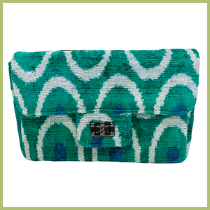 One Of A Kind Green, Green and Blue Geometric Handmade Silk Tapestry Purse