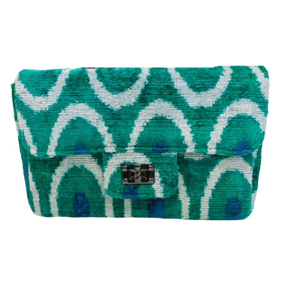 One Of A Kind Green, Green and Blue Geometric Handmade Silk Tapestry Purse