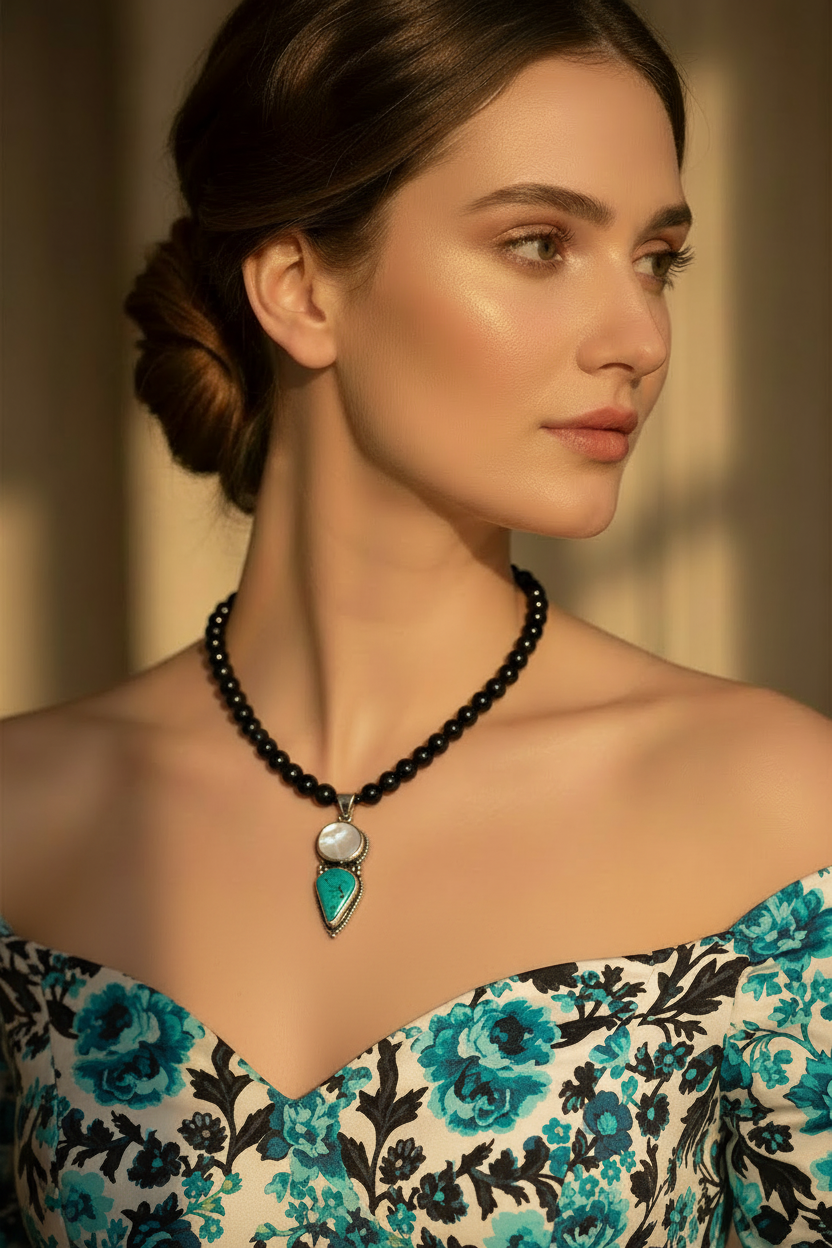 Black Onyx Necklace with Mother of Pearl & Turquoise Pendant Black Onyx Necklace with Mother of Pearl & Turquoise Pendant