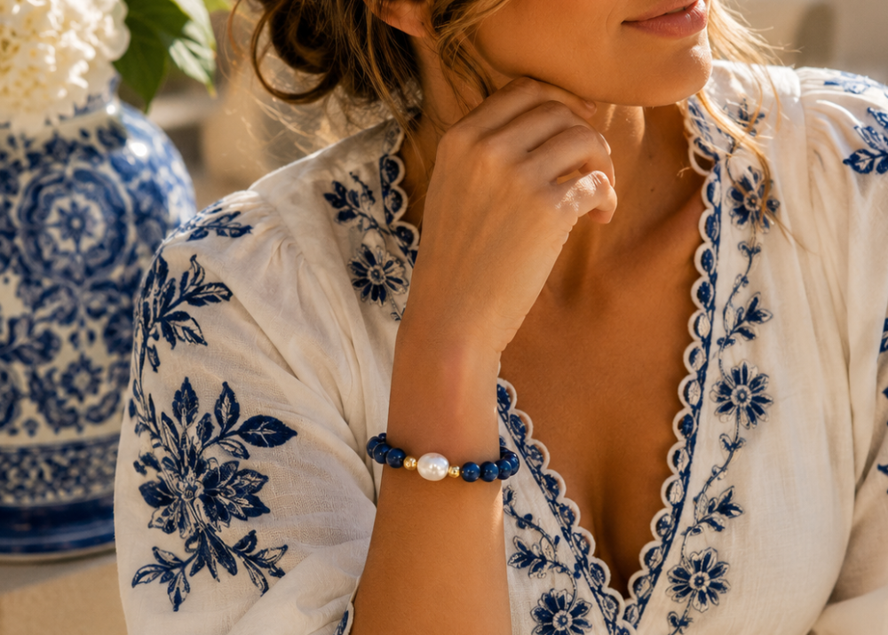 Woman wearing a Blue Tiger's Eye and baroque pearl Gratitude bracelet by Teramasu.