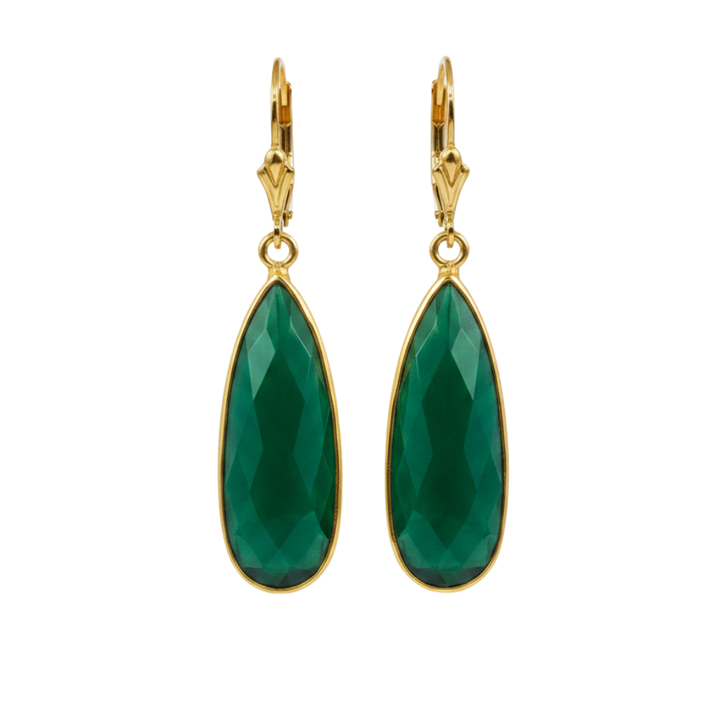 Gold earrings with green teardrop-shaped stones on a white background