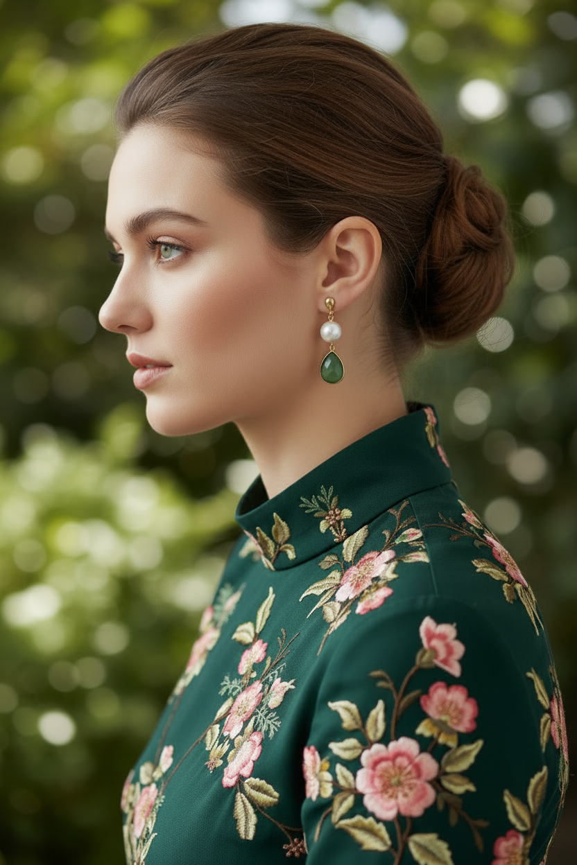 Teramasu Handmade Pearl and Green Crystal Tear Drop Earrings 14K Gold Filled 