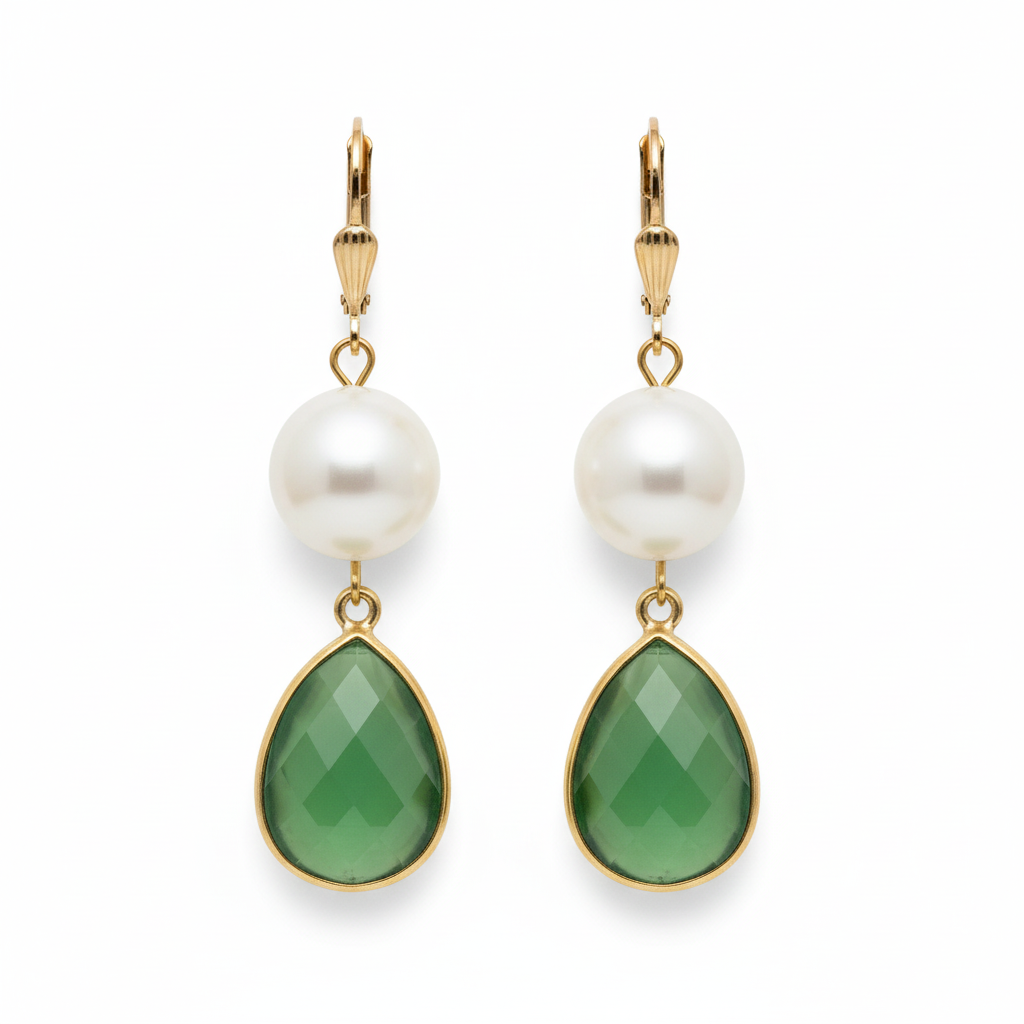Teramasu Handmade Pearl and Green Crystal Tear Drop Earrings 14K Gold Filled 