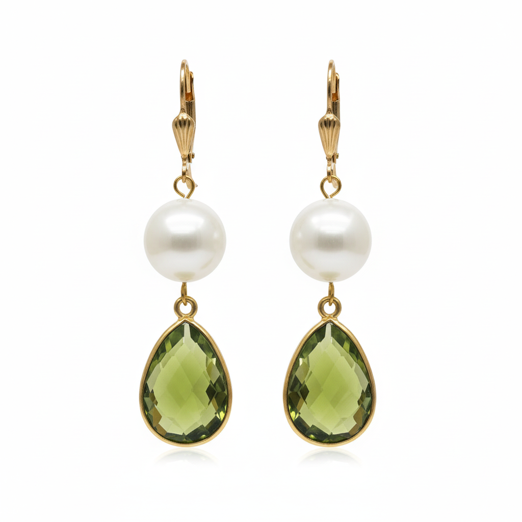 Teramasu Handmade Pearl and Olive Green Crystal Tear Drop Earrings