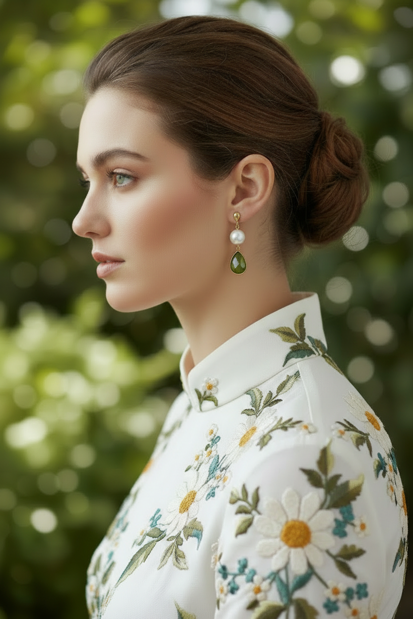 Woman wearing pearl and olive green crystal teardrop earrings with ribbed shell leverback outdoors — Teramasu designer jewelry
